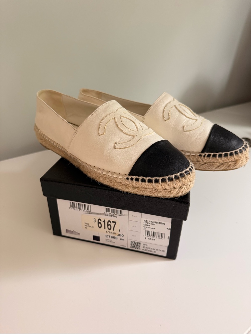 CHANEL Cream and Black Leather Espadrilles with Logo